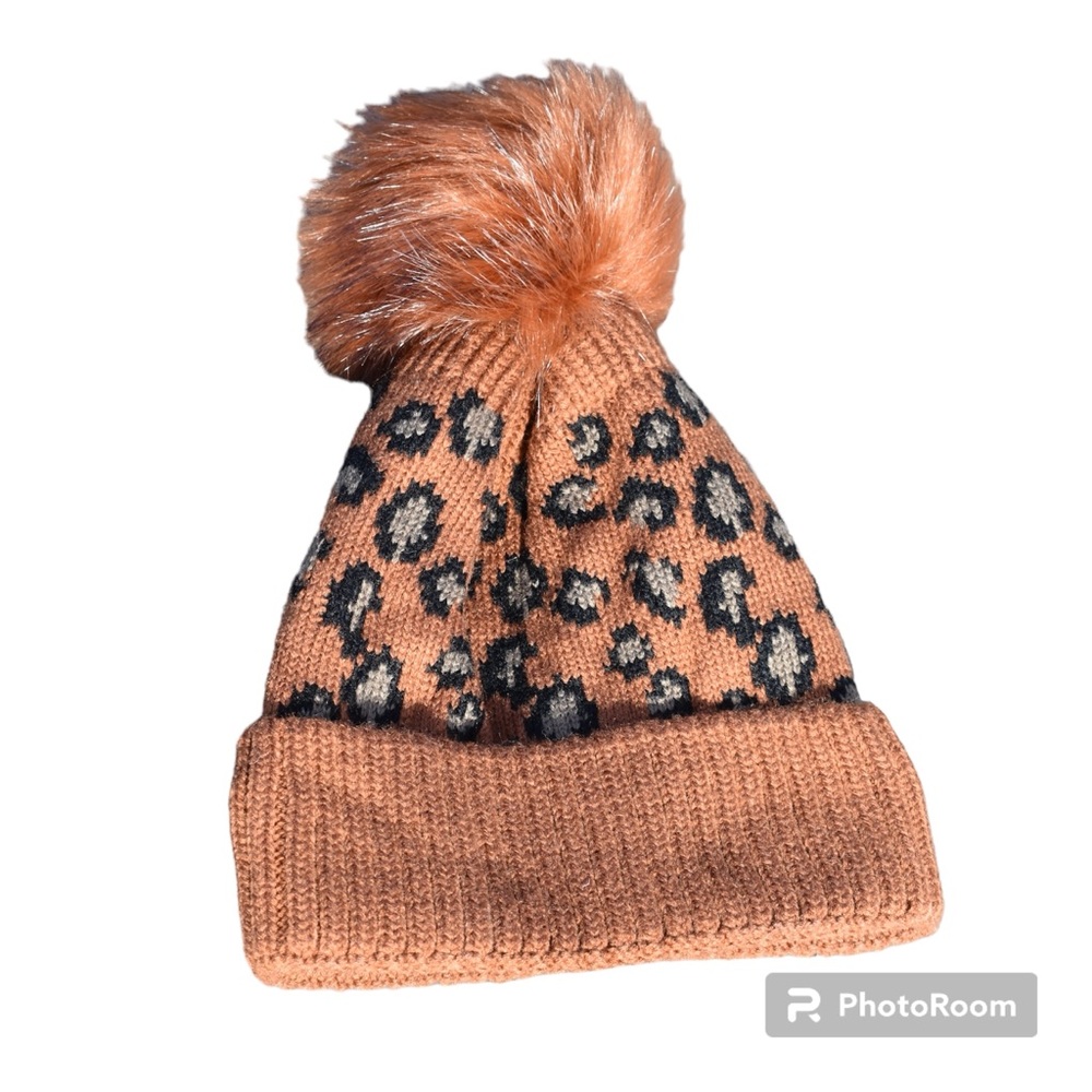 Women’s Leopard Print Beanie Hat with Pom Pom